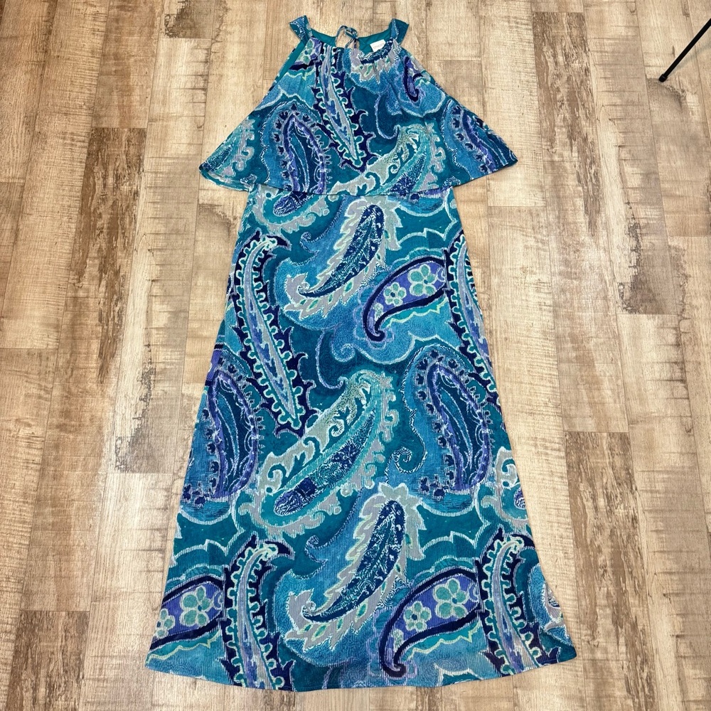 Chico's Dress Women's Size 2 Ocean Paisley Bib Paisley Maxi Vacation Tropical